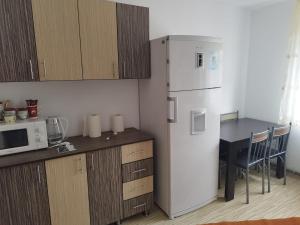 a kitchen with a white refrigerator and a table at Apartament Miruna in Moineşti
