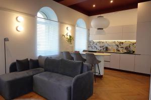 a living room with a couch and a kitchen at Violet Lux Apartment in Daugavpils