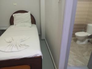 ルクソールにあるBob Marley Peace hotel luxorのベッドとトイレ付きの小さな部屋です。 +70枚の写真