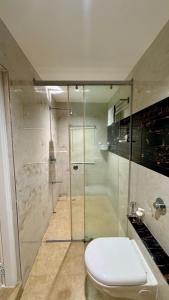 een badkamer met toilet en glazen douche bij Raidan Suites in Bangalore