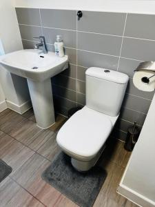 a bathroom with a toilet and a sink at Cozy Stays Taunton in Norton Fitzwarren