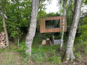 a tree house in the middle of the woods at Rokle Tiny house Plandry 