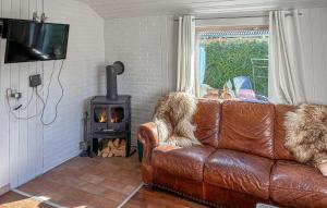 a brown leather couch in a living room with a wood stove at Pet Friendly Home In Faxe Ladeplads With Wifi in Vallebo