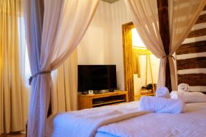 a bedroom with a bed and a tv and curtains at Sadova Village - Casa Maria in Sadova