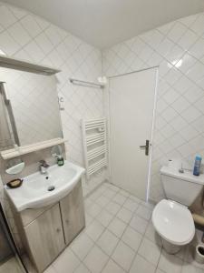 a white bathroom with a toilet and a sink at 2 chambres pornichet - 15 min des chantiers in Pornichet
