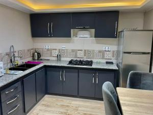 a kitchen with black cabinets and stainless steel appliances at beau rivage in Alger