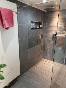 ein Badezimmer mit Dusche mit Glastür in der Unterkunft Propriété à la campagne in Rièzes