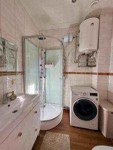 un bagno con doccia e lavatrice di Cozy village a Ikšķile Altre 25 foto