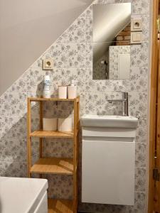 un bagno con lavandino e specchio di Cozy village a Ikšķile