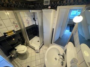 a bathroom with a toilet and a shower and a sink at Fewo 4 OG Sylt Westerland in Süderende