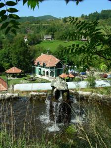 a fountain in the water in front of a house at Planinska kuća in Mokra Gora