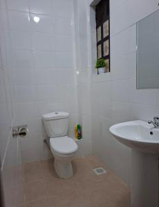 a white bathroom with a toilet and a sink at Lakeview Elegance in Nakuru