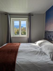 ein Schlafzimmer mit großem Bett und Fenster in der Unterkunft Notre Renardière, Gîtes à Saulxures-sur-Moselotte, Hautes-Vosges in Saulxures-sur-Moselotte