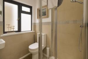 Un baño con inodoro y ducha de cristal. en Wheal Francis - Hot Tub - Accessible Bungalow - Free Wi-Fi - Parking, en Helston 14 fotos más