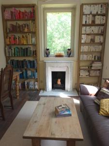 a living room with a fireplace and a coffee table at Chateau Le Vieil Etang in Saint-Sauveur-le-Vicomte