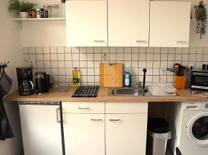 a kitchen counter with a sink and a microwave at Ferienwohnung Apartment am Klosterhof Aschersleben in Aschersleben +6 photos