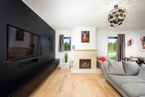 a living room with a couch and a fireplace at Villa Fierra by IstriaLux in Svetvinčenat