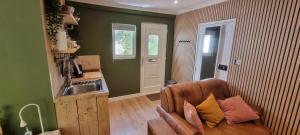 a living room with a couch and a sink at Fern Studio in Lyme Regis