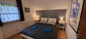 ein Schlafzimmer mit einem Bett mit blauen Kissen darauf in der Unterkunft Appartement in Berghäuser mit Sonnigem Balkon in Grafenwiesen