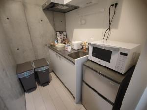 东京201Room,7-minute walk from Uguisudani Station located on the 2nd floor of an apartment-style building Twin room No elevator的带水槽和微波炉的小厨房 更多21张照片