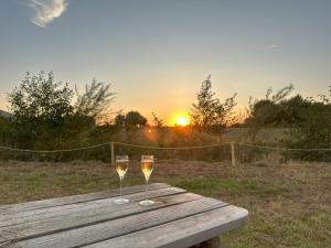 due bicchieri di vino seduti su un tavolo di legno con il tramonto di Tiny House du Gad Bourgeois a Chièvres Altre 4 foto