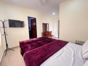 a bedroom with a bed with a purple blanket on it at The cozy Inn in Calangute