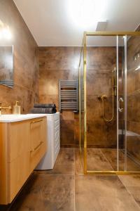 a bathroom with a shower and a sink at Gicek Apartament 15B bezpłatny PARKING Faktura VAT 4 osobowy K-S SSE in Gorzów Wielkopolski
