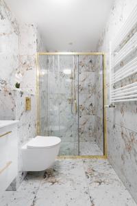 a bathroom with a shower with a toilet and a sink at Gicek Apartament 19A bezpłatny PARKING Faktura VAT 4 osobowy K-S SSE in Gorzów Wielkopolski