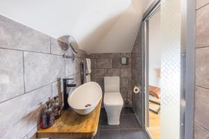 a bathroom with a toilet and a sink at Hamara Luxury Portree Cottage with Hot Tub! in Portree +28 photos