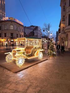 een met kerstverlichting versierde koets op een stadsstraat bij Kindermann Residence in Łódź