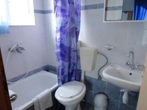 a bathroom with a toilet and a tub and a sink at Villa Nantia in Agios Georgios