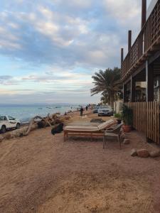 a bench on a sandy beach next to the ocean at Asia's House in Dahab