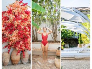 a woman in a red dress standing next to a bunch of flowers at Secret d'Uzès - Le Duché - Piscine chauffée et Jacuzzi in Uzès