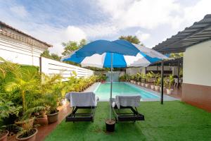 a pool with two chairs and a blue umbrella at Treebo Clarissa Resort Goa in Saligao