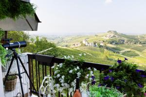 a view of a vineyard from a balcony with a camera at High Views at Castel Rocchero in Castel Rocchero