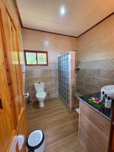 een badkamer met toilet, wastafel en douche bij La Maison Figaro Guest House in La Réunion +10 foto's