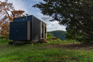 a shed sitting in a field next to a tree at Le Bosquet des Dômes - Panorama des Puys à Cheval in Châtel-Guyon