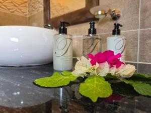 two bottles of soap and a flower on a counter at La Maison Figaro Guest House - Spacious Island Stay in La Digue in La Réunion