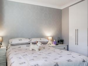 un perro blanco sentado en una cama en un dormitorio en Stag Lodge, en Auchterarder