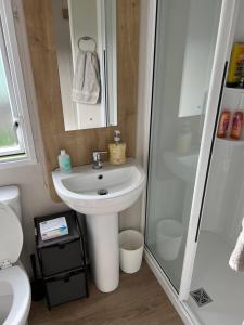 a bathroom with a sink and a shower at Eyemouth getaway in Eyemouth +43 photos