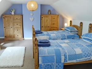 two beds in a bedroom with blue walls at Garden Cottage in Tain +9 photos