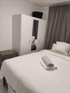 a bedroom with a white bed and a mirror at T2 5 Lys - centre ville, parking privé in Saint-Louis
