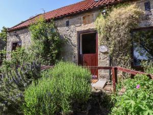 an old stone house with a red door at Wildflower Cottage in Lealholm