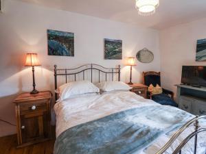 a bedroom with a large bed with two lamps and a tv at Wildflower Cottage in Lealholm