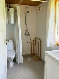 ein Badezimmer mit Toilette und Dusche in der Unterkunft Cottage With Views Over Nature Reserve In Arild in Arild