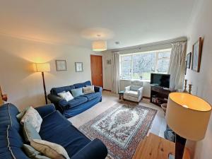 a living room with a blue couch and a tv at Bridge Park in Killin