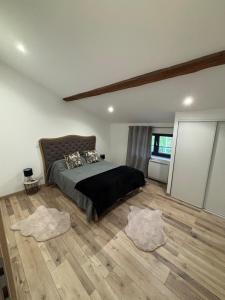 a bedroom with a bed and two rugs at Appartement moderne rénové et tout équipé in Givors