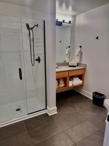 a bathroom with a shower and a sink at The 3one3 Boutique Hotel in Alma