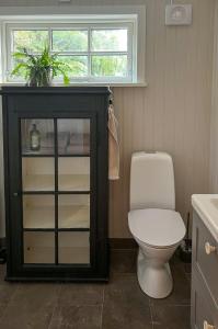 a bathroom with a toilet and a cabinet and a window at Modern Cabin In The Heart Of Småland in Tolg