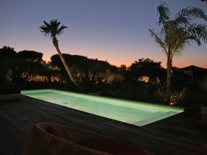 an empty swimming pool at sunset with palm trees at Vyylla Private Resort in Saint-Tropez +3 photos